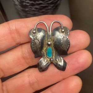Vintage Navajo Butterfly Pin Brooch Turquoise Sterling Silver Handmade 1940s